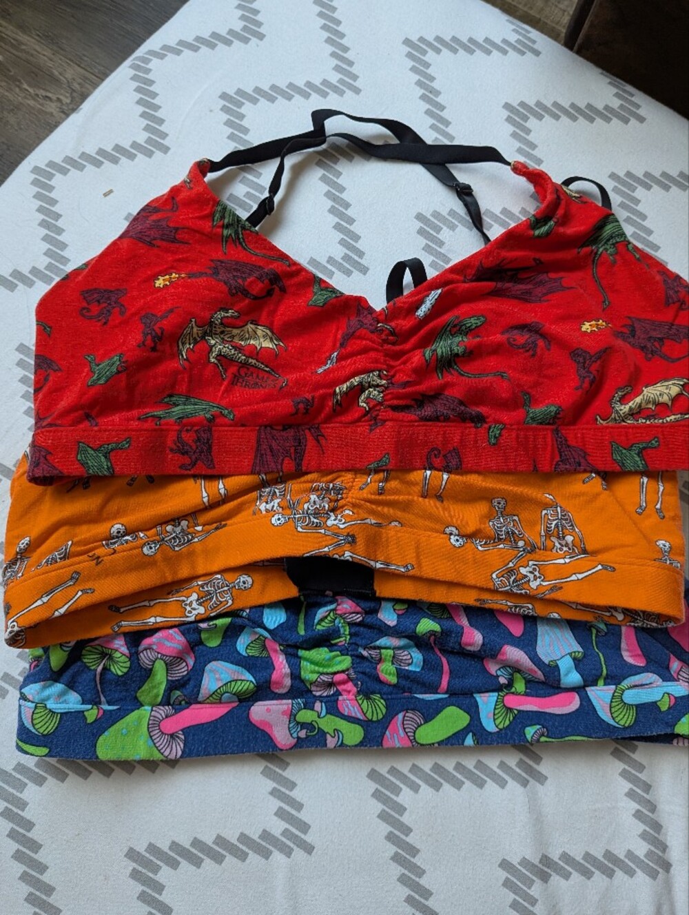 MeUndies Ruched Bralette Lot (3) Size XL - Game of Thrones Skeleton Mushrooms
